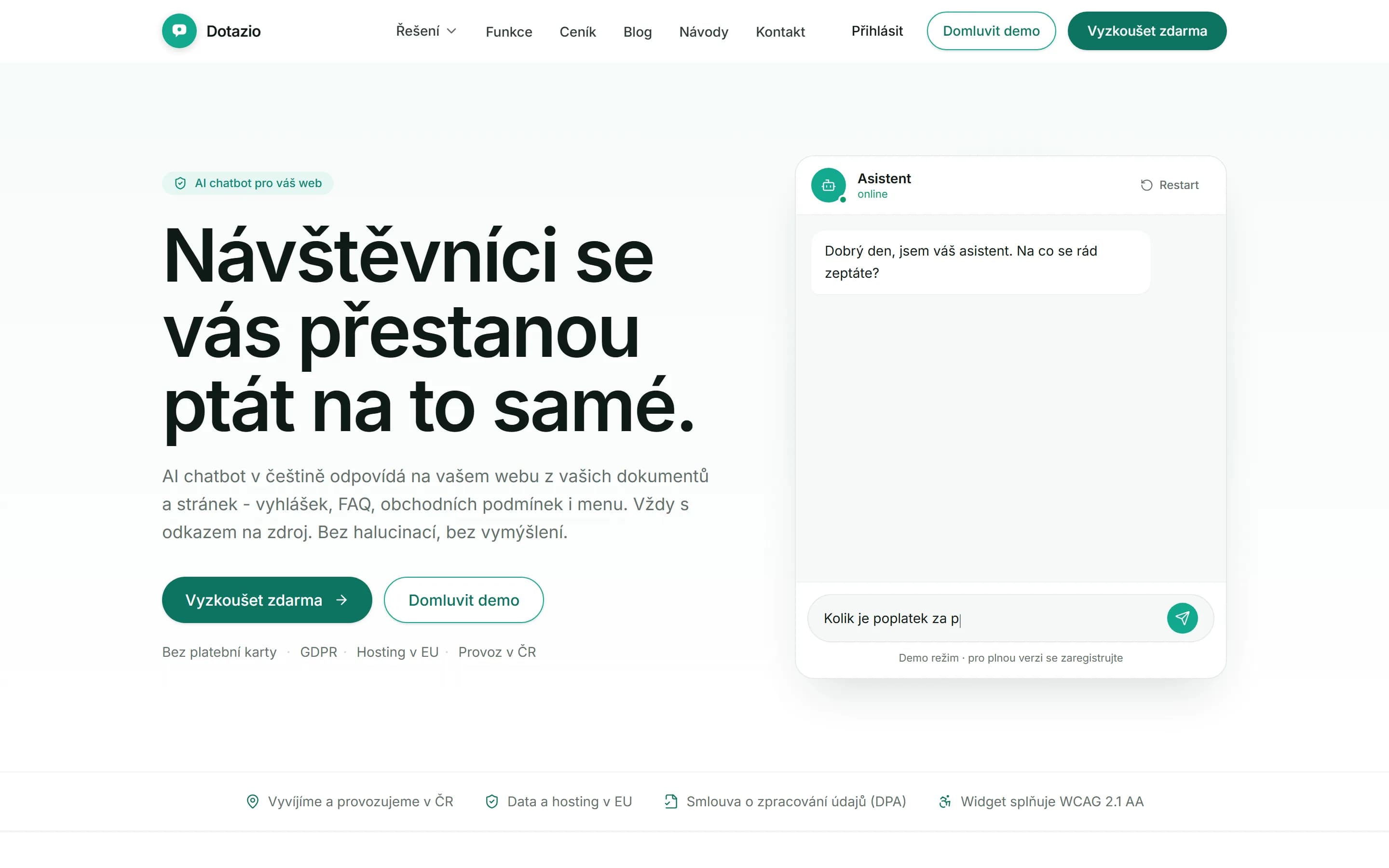 Úvodní stránka Dotazio: titulek „Návštěvníci se vás přestanou ptát na to samé“ a demo chat, do kterého návštěvník píše dotaz na poplatek za psa.