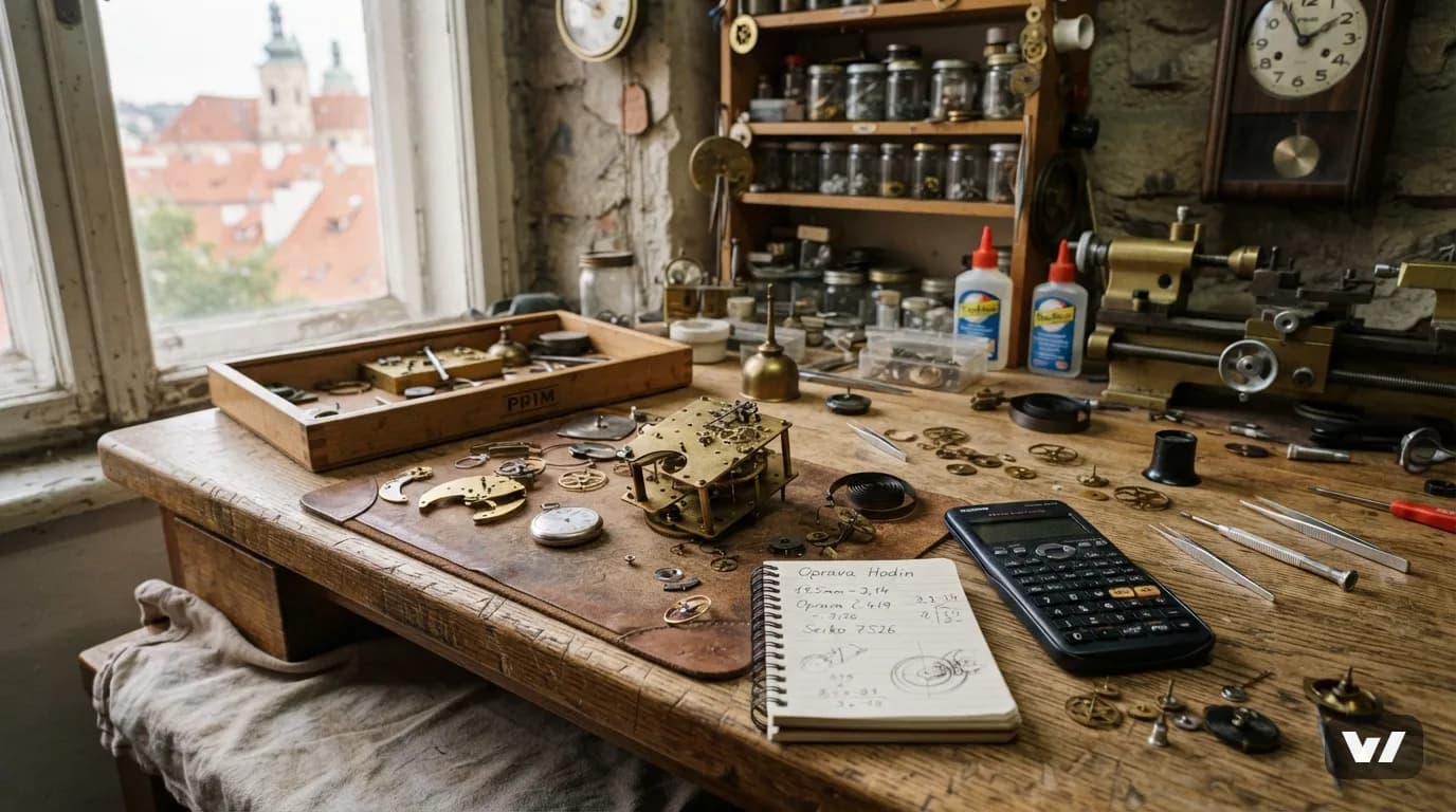 Dílna hodináře s rozebraným hodinovým strojkem, zápisníkem a kalkulačkou na stole.