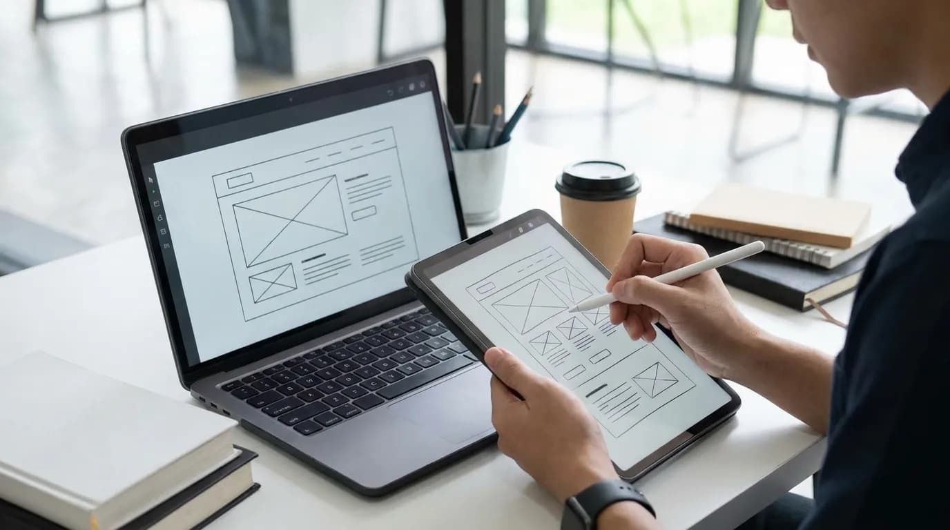 Moderní notebook se zobrazeným grafickým návrhem nových webových stránek.