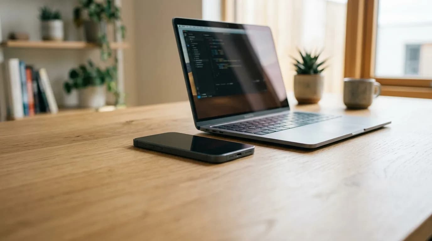 Moderní smartphone a notebook na dřevěném stole v prosvětleném interiéru.