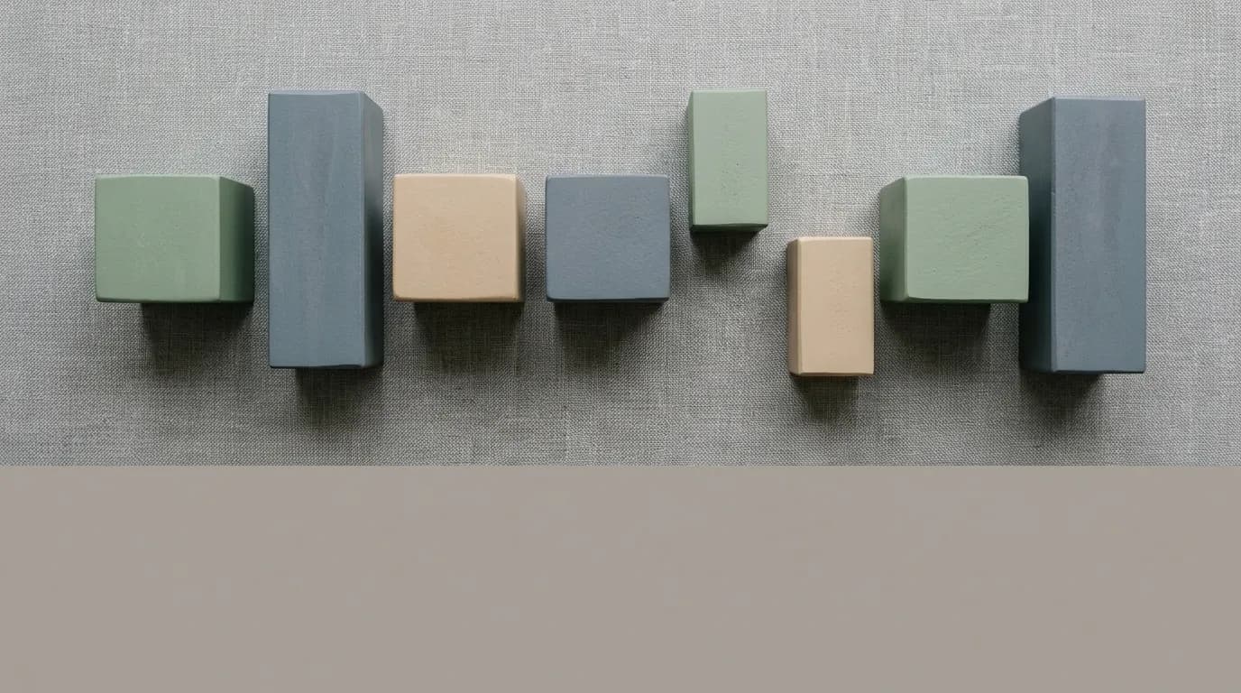 Minimalistické geometrické tvary v tlumených barvách znázorňující přerušenou strukturu a odklad.