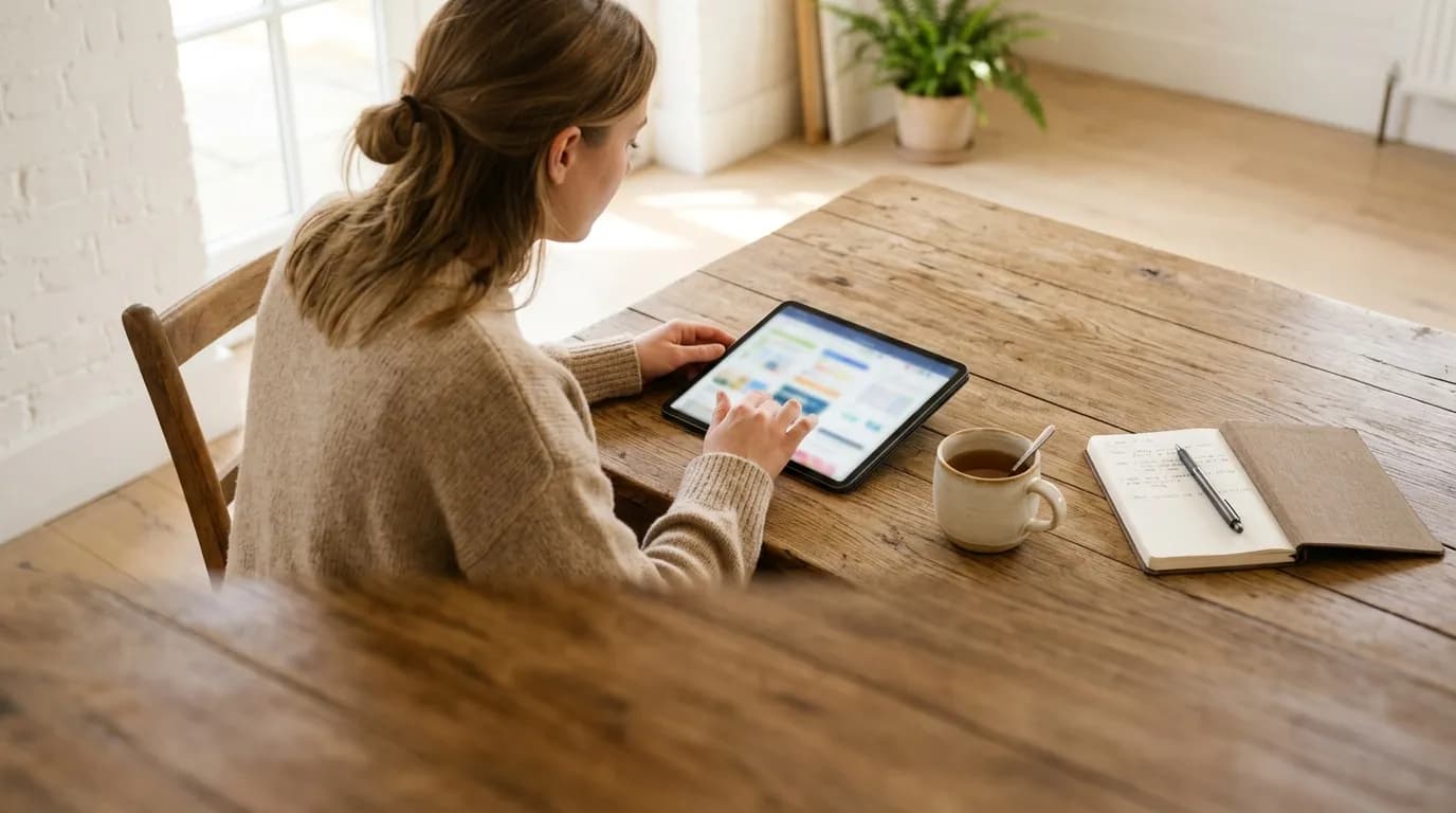 Detailní záběr na osobu pracující s tabletem u dřevěného stolu v prosvětleném interiéru.